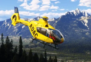 Eurocopter EC135 em voo sobre uma paisagem montanhosa no Microsoft Flight Simulator.