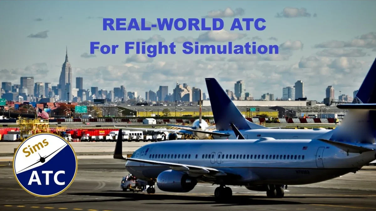 Interface do SimsATC exibindo comunicações reais de ATC no Microsoft Flight Simulator