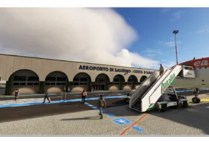 Cenário do aeroporto Salerno Costa d'Amalfi no MSFS com montanhas ao fundo