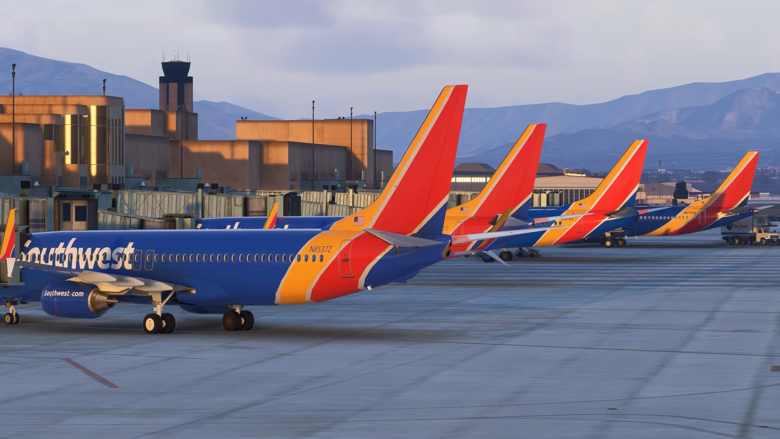 Vista aérea detalhada do Albuquerque International Airport no Microsoft Flight Simulator