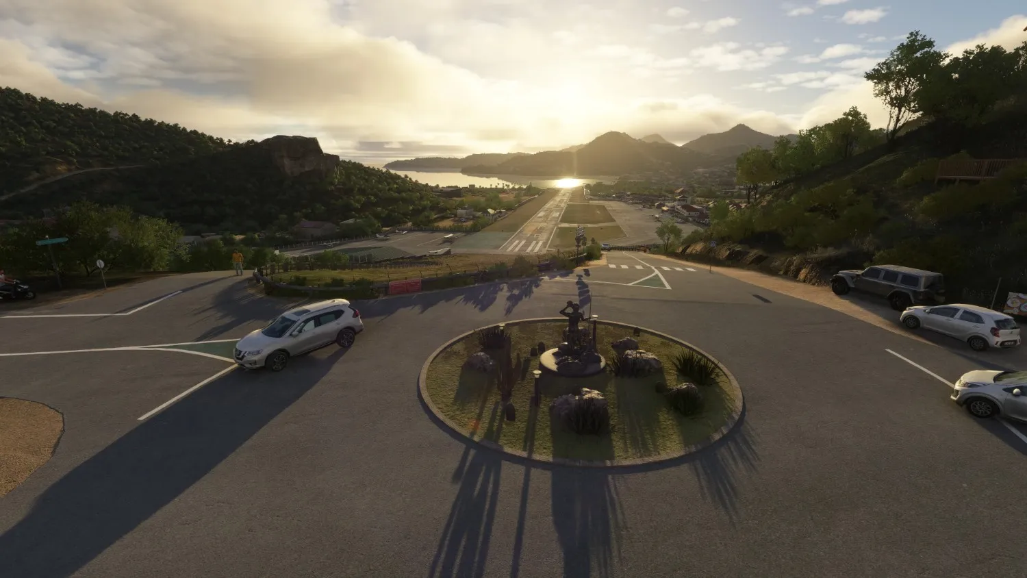 Vista aérea detalhada do aeroporto Gustaf III em St. Barthélemy no MSFS 2024