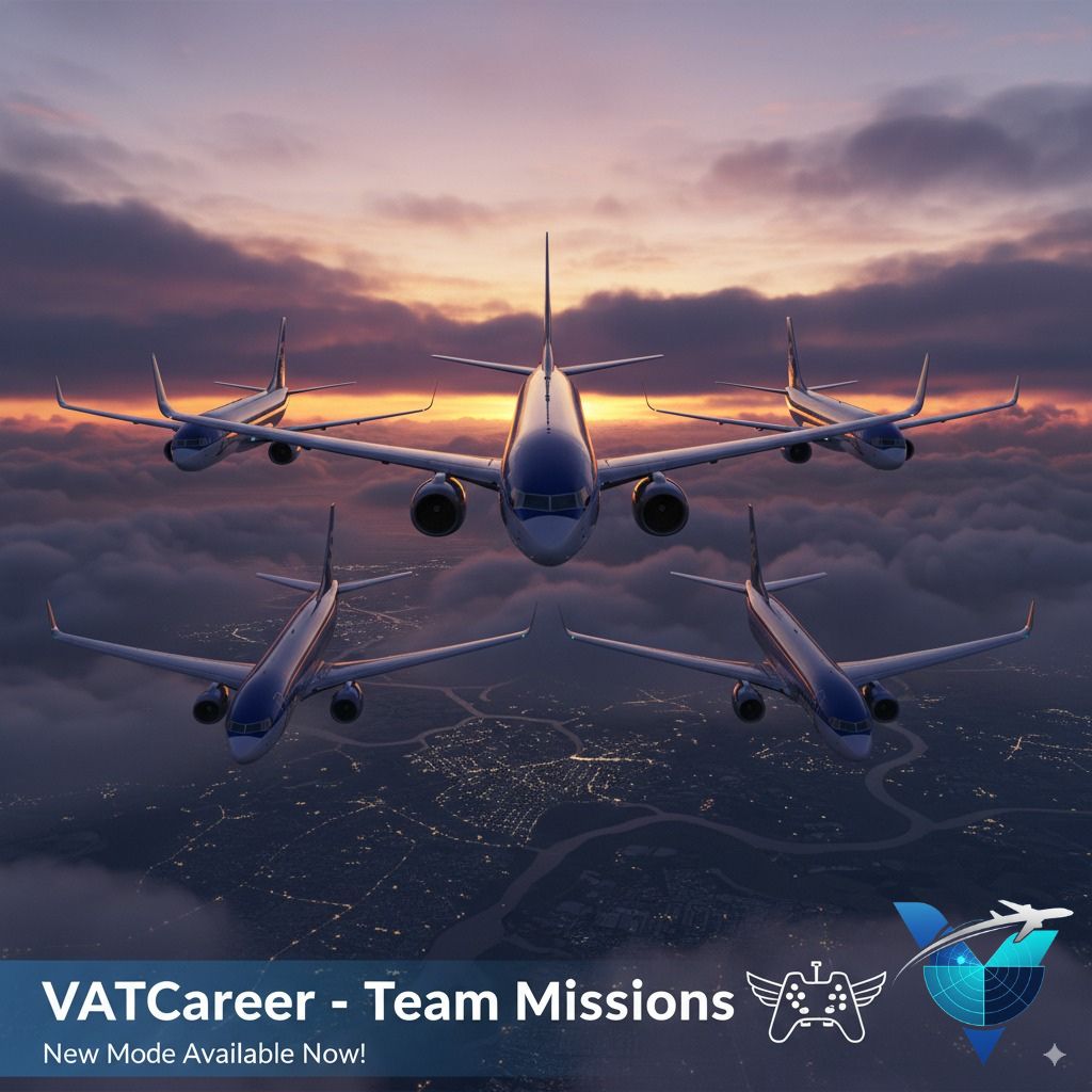 Imagem de grupo de pilotos virtuais voando juntos em formação para ilustrar o novo modo de missões em equipe do VATCareer.