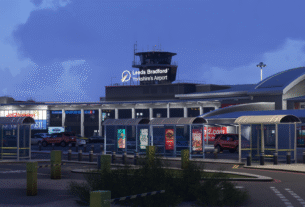 Vista aérea do Leeds Bradford Airport V2 no Microsoft Flight Simulator 2024, mostrando terminais aprimorados e pistas detalhadas