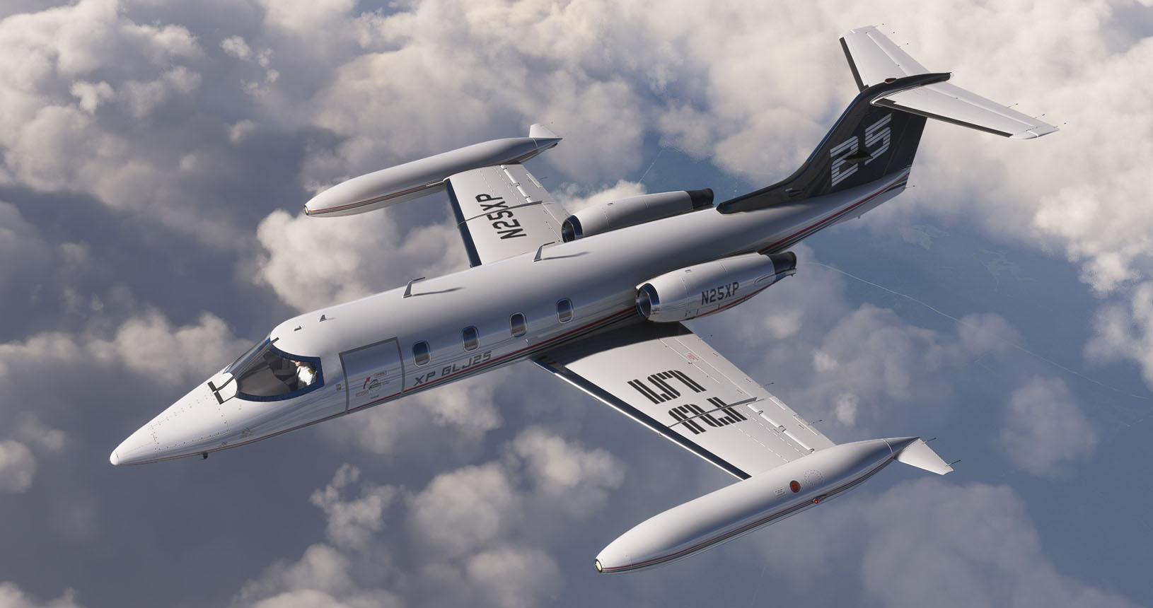 Imagem do Gates Learjet 25 da Xtreme Prototypes, um clássico jato executivo, em voo no Microsoft Flight Simulator 2024.