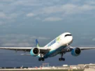 Imagem da aeronave iniBuilds A350 na atualização v1.1.5, mostrando a cabine e o exterior.