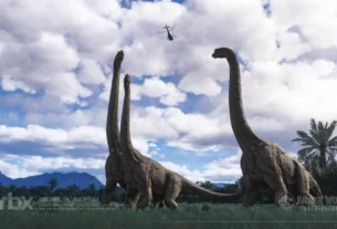Vista aérea do Jurassic World: Archipelago com dinossauros e instalações do parque no Microsoft Flight Simulator 2024