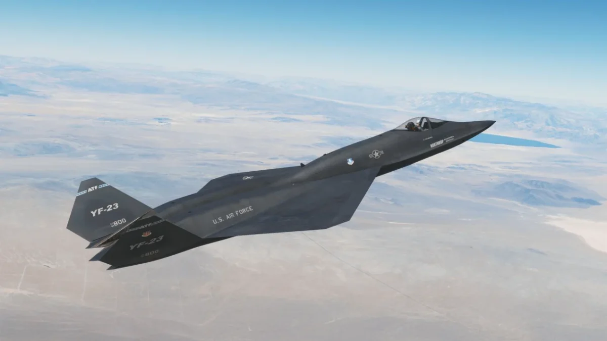 YF-23 Black Widow II voando sobre nuvens no Microsoft Flight Simulator