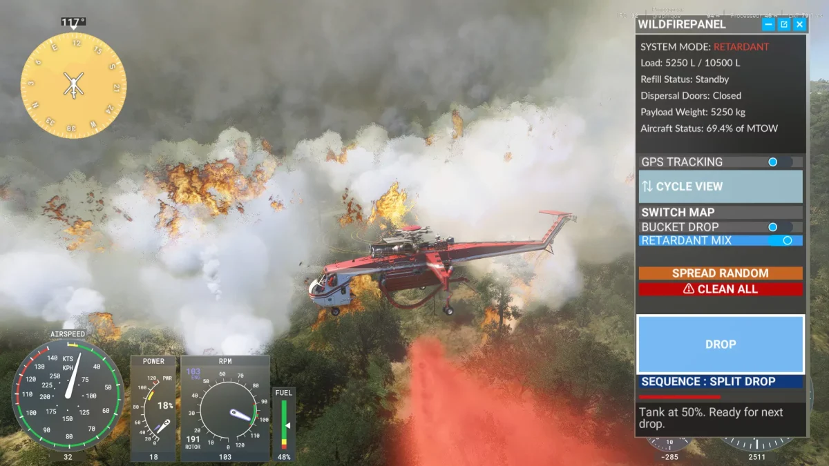 Aeronave combatendo incêndio florestal no Microsoft Flight Simulator 2024