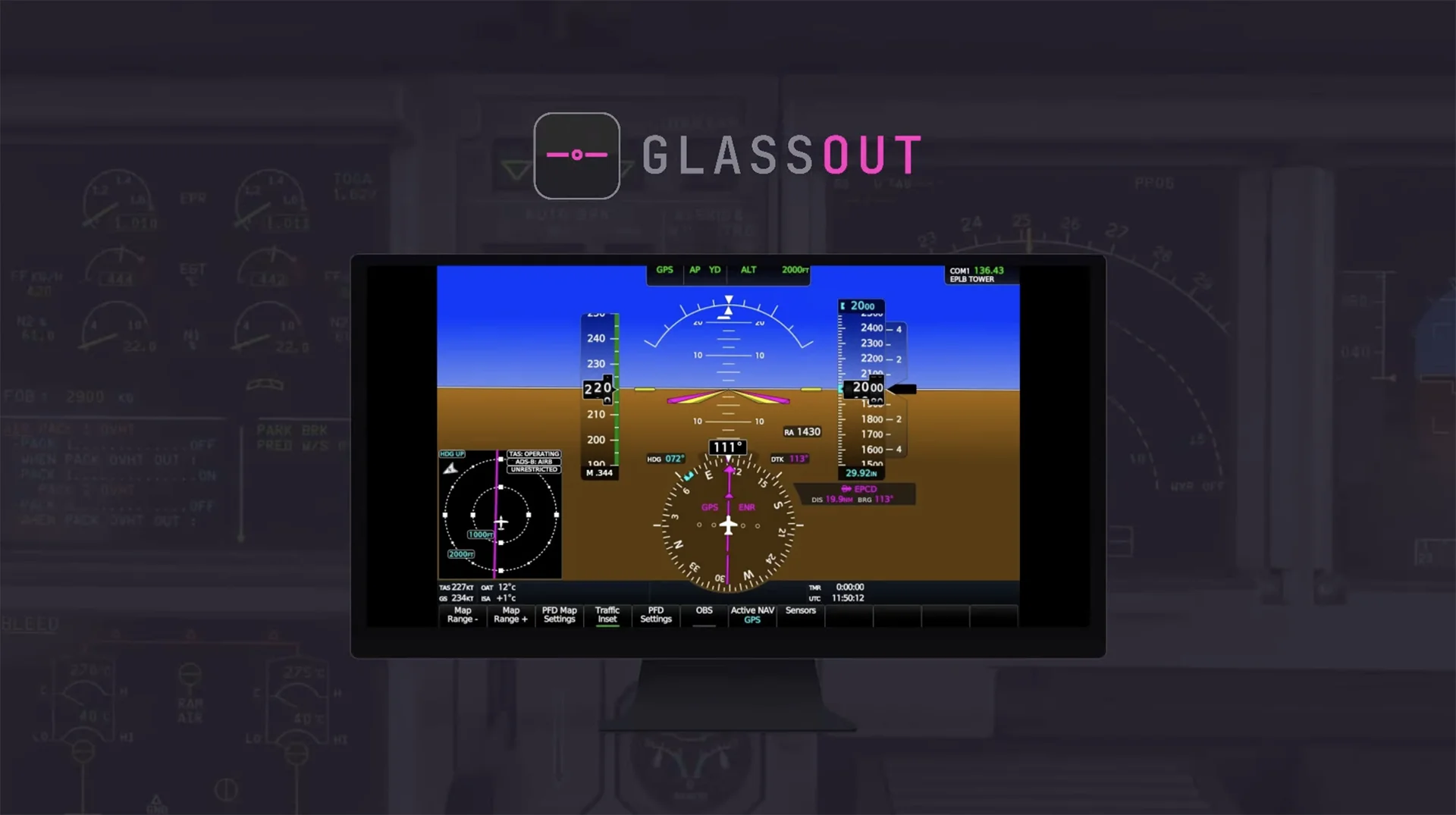 GlassOut exibindo instrumentos do Microsoft Flight Simulator em telas externas