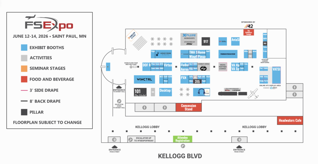 Mapa do pavilhão principal da FlightSimExpo 2026.