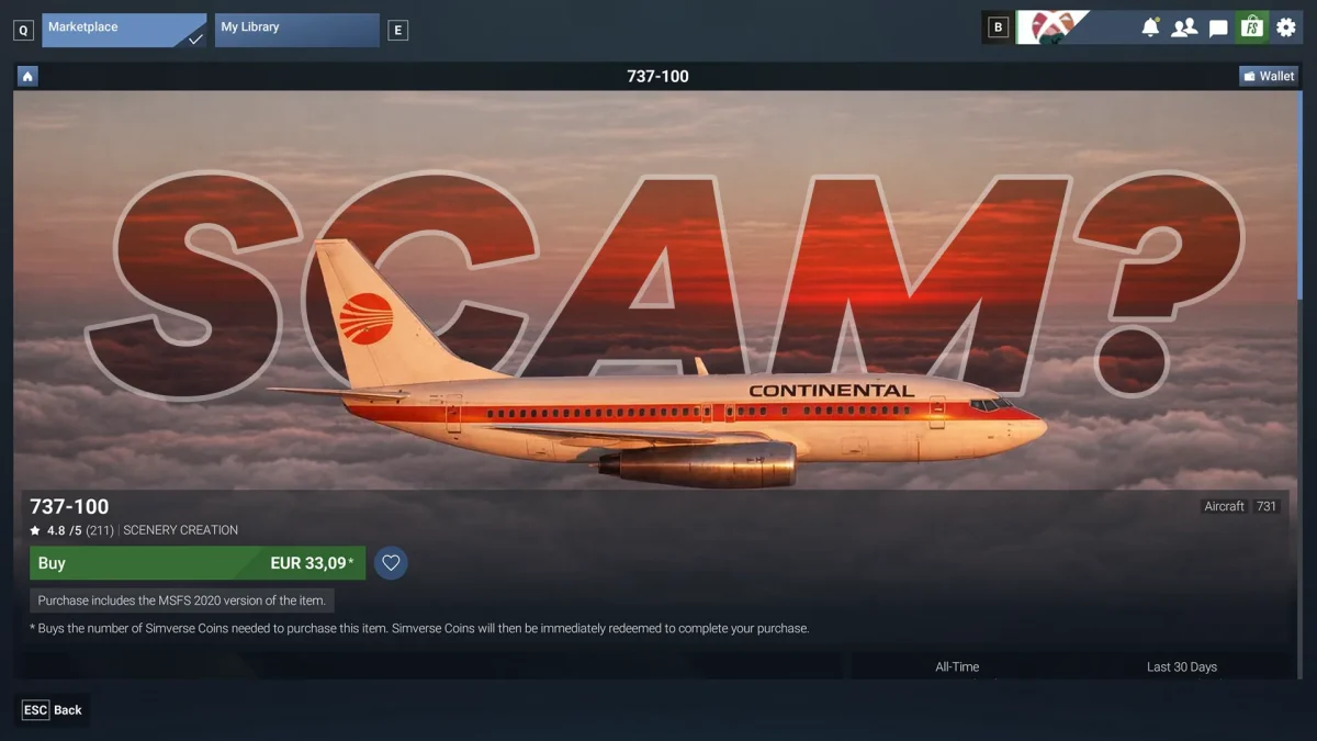 Imagem do 737-100 listado no Marketplace do Microsoft Flight Simulator