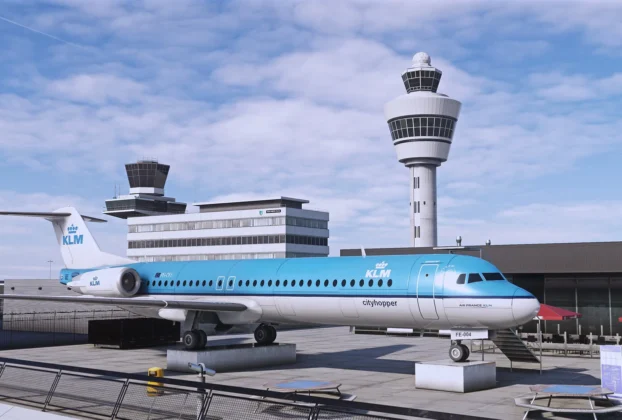 Aeronave KLM e torre de controle no cenário FlyTampa Amsterdam Schiphol (EHAM) para Microsoft Flight Simulator.
