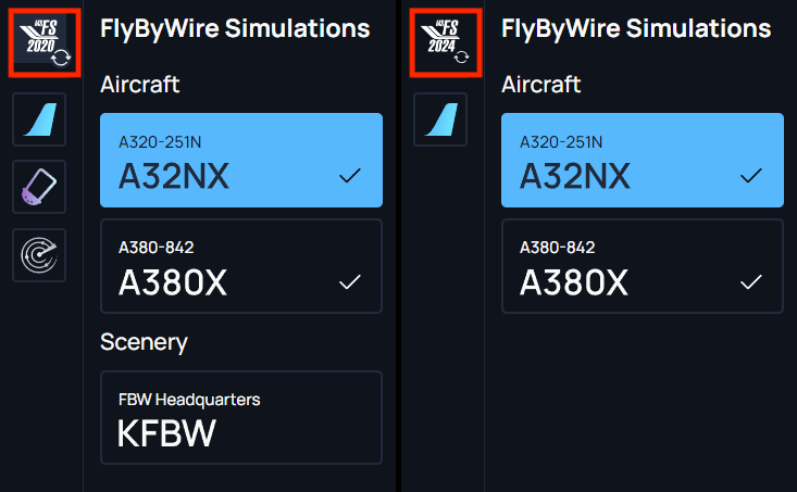 Tela do FlyByWire Installer para alternar entre MSFS 2020 e MSFS 2024
