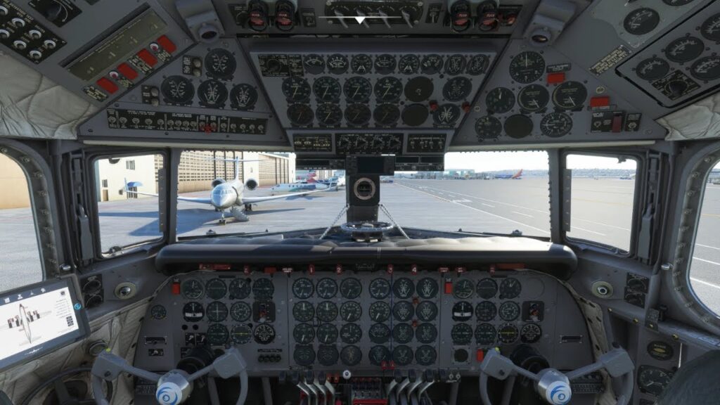 Cockpit do PMDG DC-6 Cloudmaster no Microsoft Flight Simulator 2024