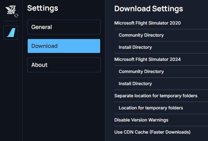 Configurações de diretório no FlyByWire Installer para instalações separadas