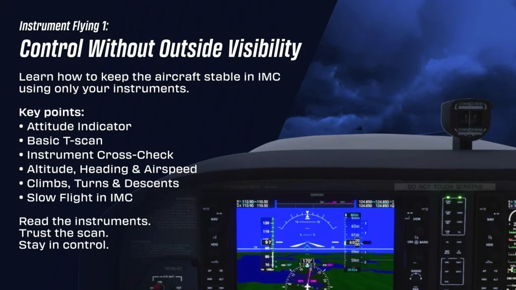 Aula de voo IFR da Navigraph Academy com painel de instrumentos em condições IMC.