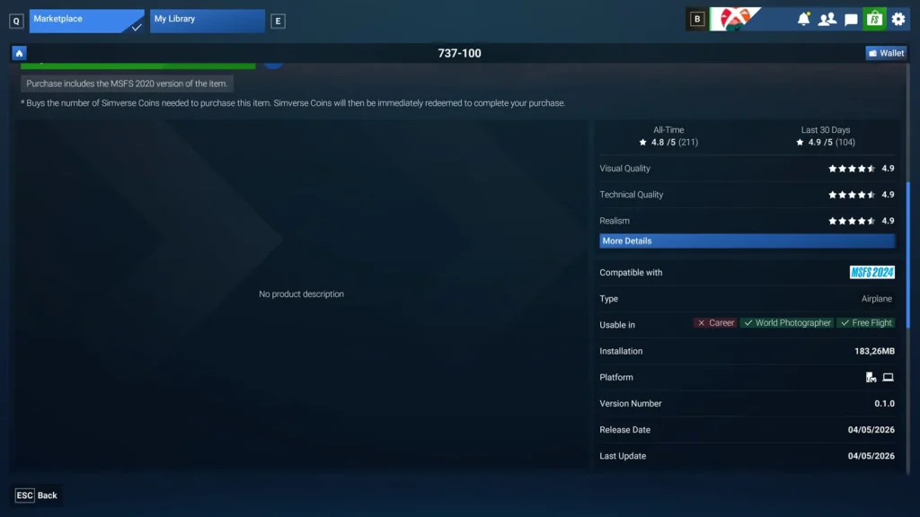 Imagem do 737-100 do Marketplace do Microsoft Flight Simulator