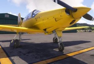 Falco F8L amarelo da Echo Simulations em solo no MSFS 2024.