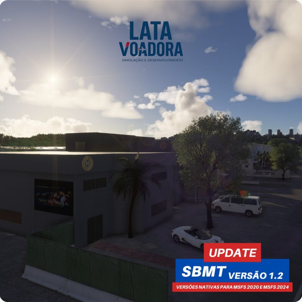 Cenário SBMT v1.2 com prédios, carros e logo da Lata Voadora.