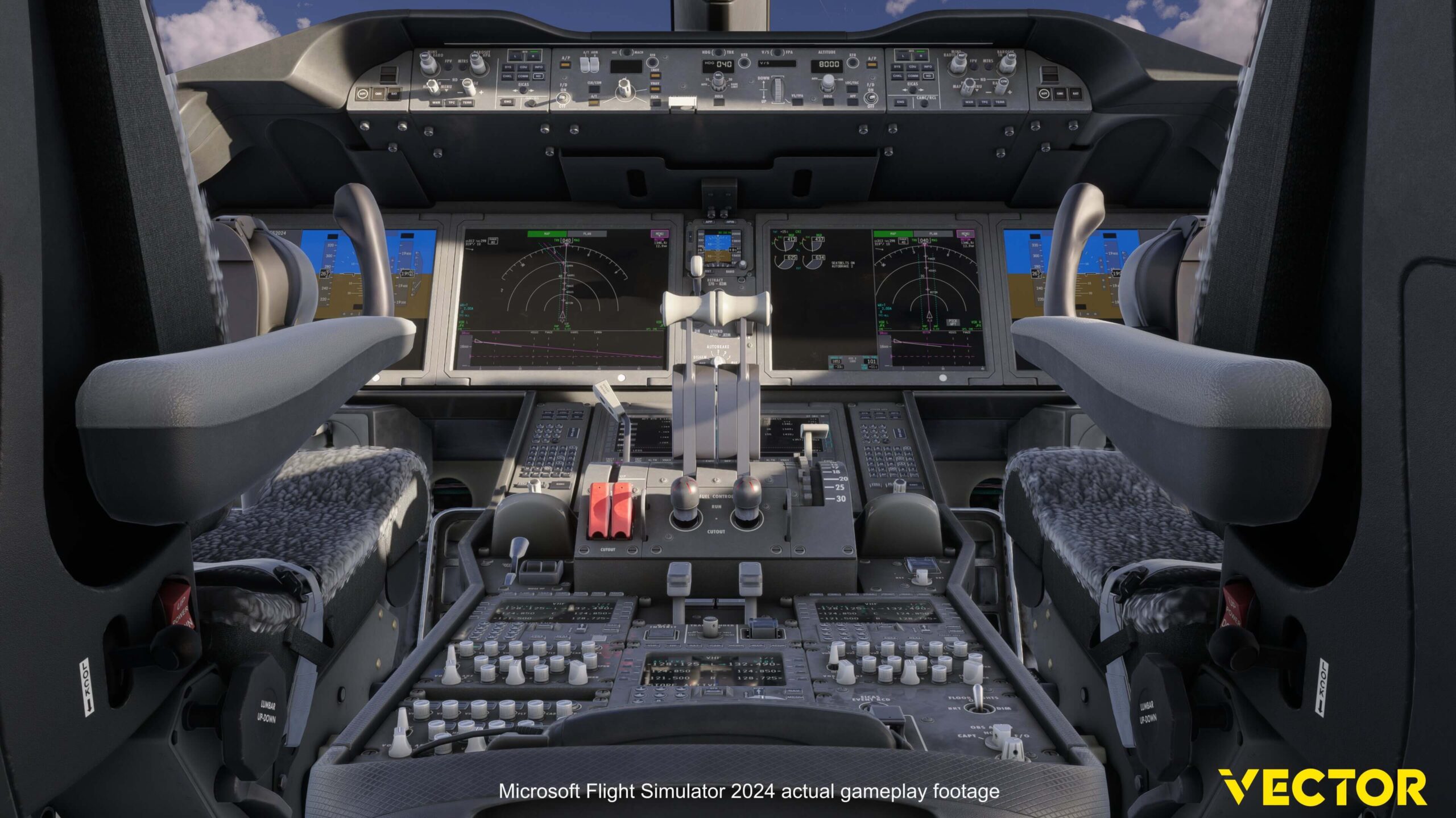 Flight deck do Vector Boeing 787-9 com displays de navegação