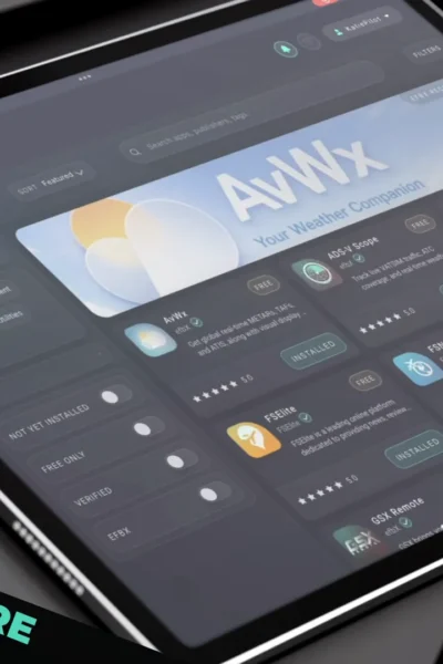 Interface do efbX exibindo app store integrada para simuladores de voo