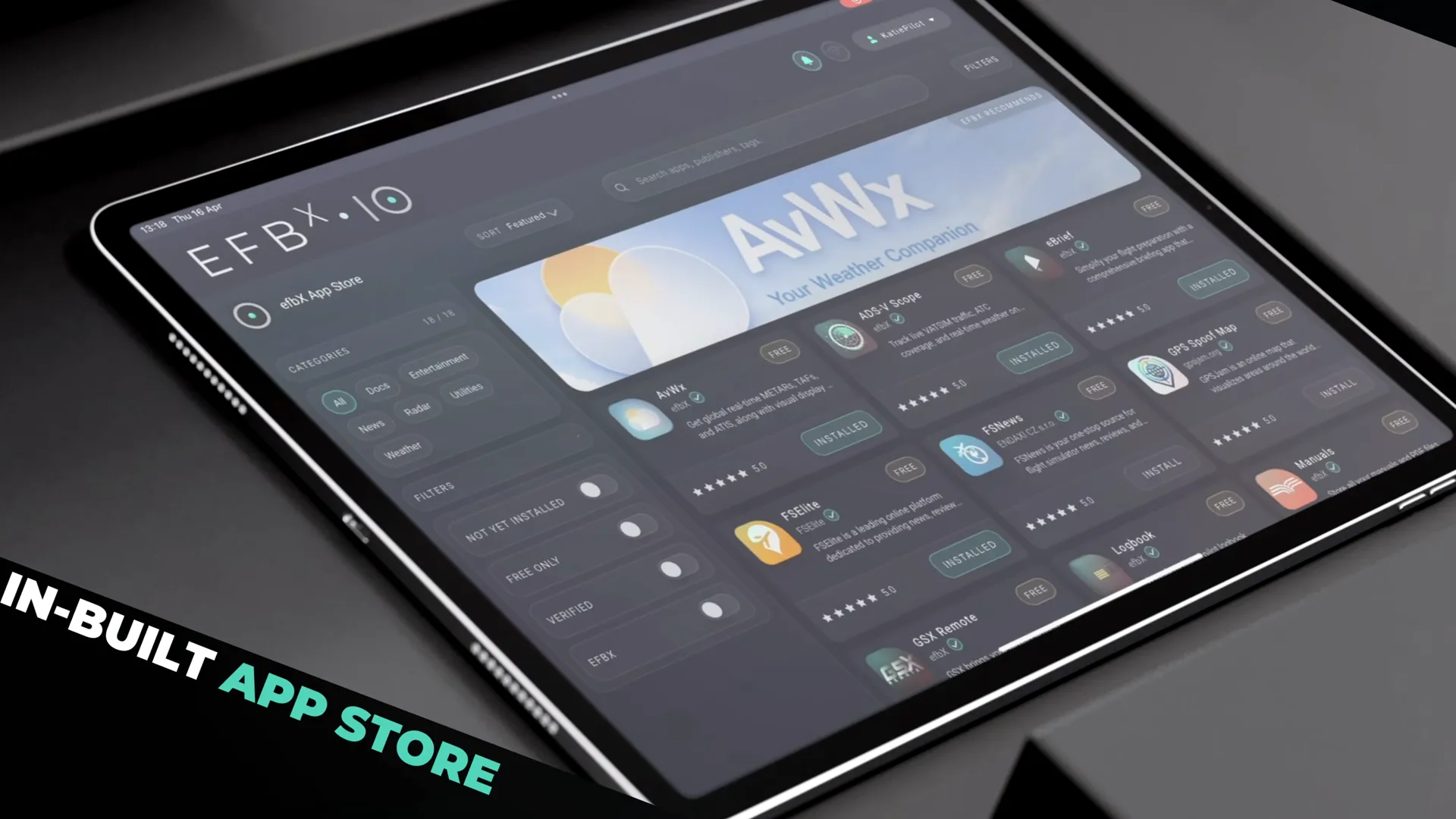 Interface do efbX exibindo app store integrada para simuladores de voo