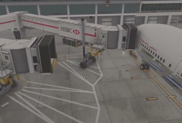 GSX Pro demonstrando múltiplas jetways conectadas a uma aeronave widebody no Microsoft Flight Simulator