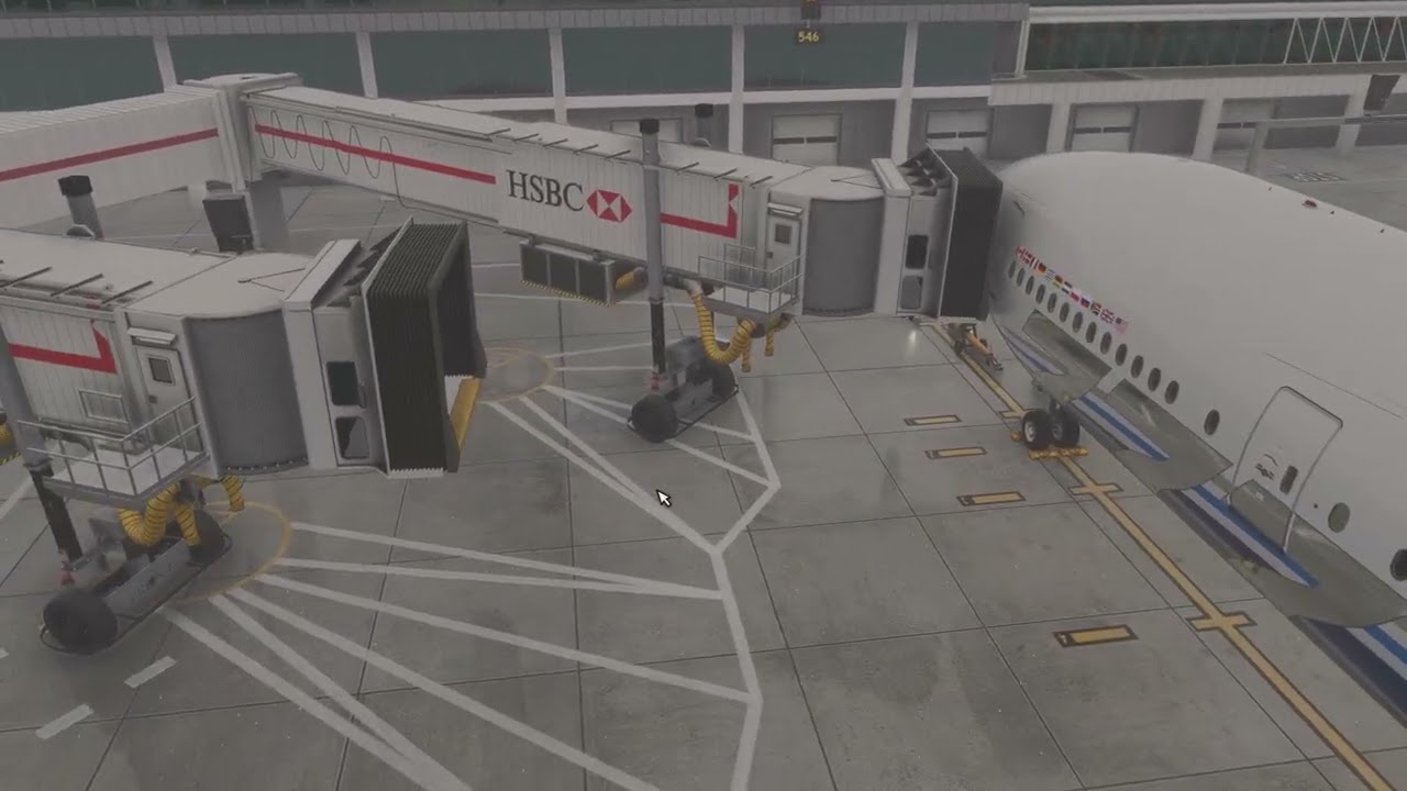 GSX Pro demonstrando múltiplas jetways conectadas a uma aeronave widebody no Microsoft Flight Simulator
