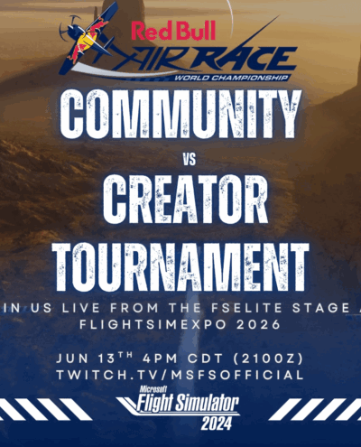 Red Bull Air Race Community vs Creator Tournament no Microsoft Flight Simulator durante o FlightSimExpo 2026