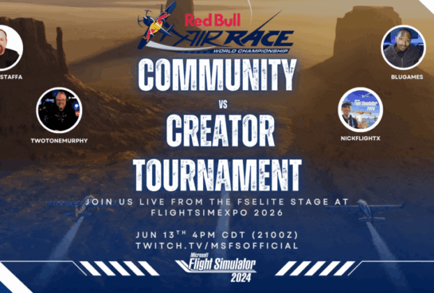 Red Bull Air Race Community vs Creator Tournament no Microsoft Flight Simulator durante o FlightSimExpo 2026