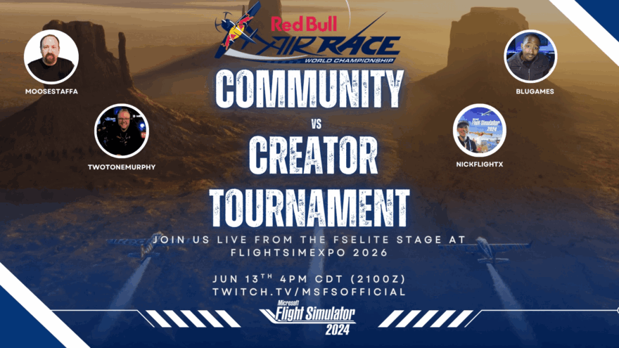 Red Bull Air Race Community vs Creator Tournament no Microsoft Flight Simulator durante o FlightSimExpo 2026