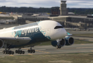FlyByWire A380X no Microsoft Flight Simulator 2024 em aeroporto