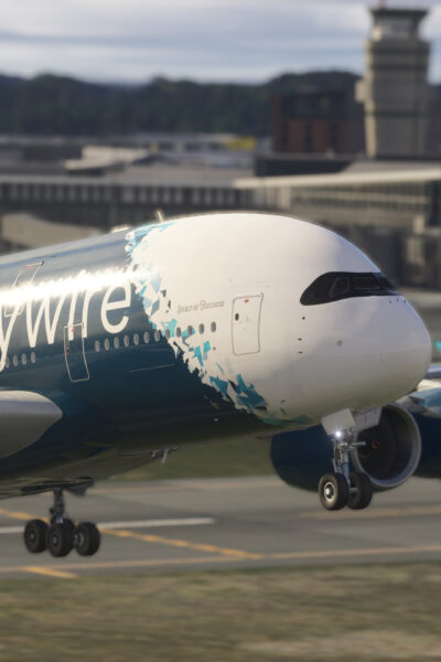 FlyByWire A380X no Microsoft Flight Simulator 2024 em aeroporto