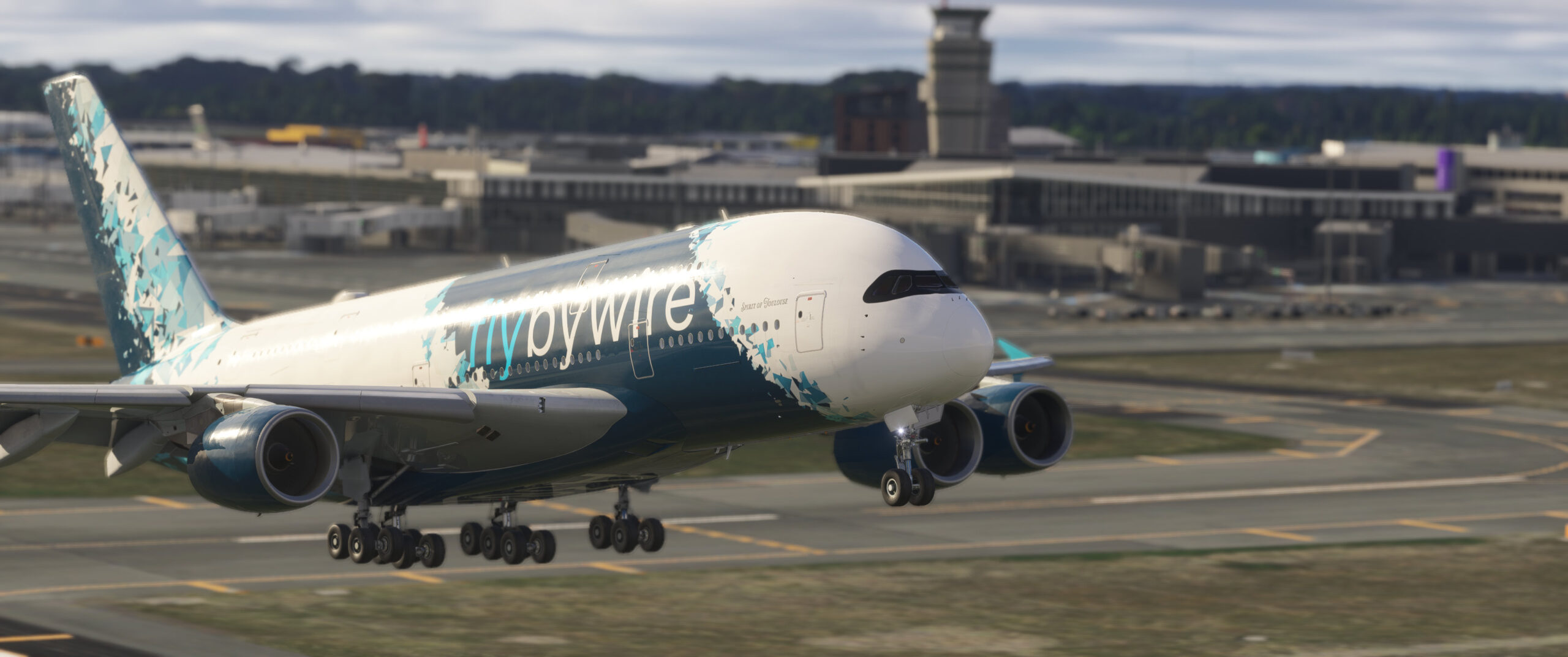FlyByWire A380X no Microsoft Flight Simulator 2024 em aeroporto