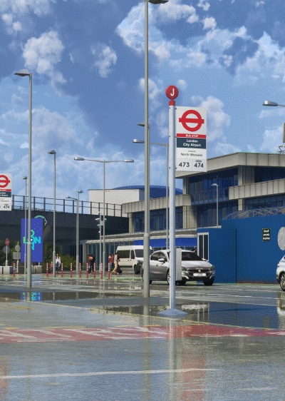Arte promocional da iniBuilds para novidades de cenários no MSFS 2024, incluindo KORD, Dubai V2 e multi-jetways.