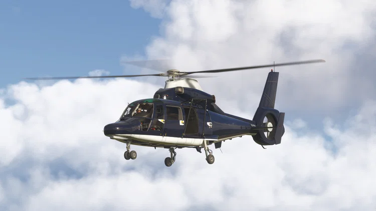 Helicóptero AS365 Dauphin da Taog’s Hangar em voo no Microsoft Flight Simulator 2024