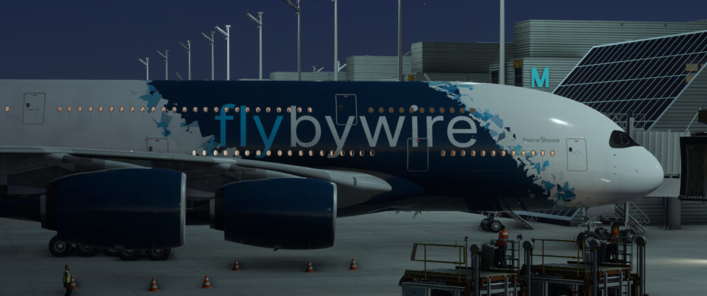 FlyByWire A380X em operação noturna no Microsoft Flight Simulator 2024