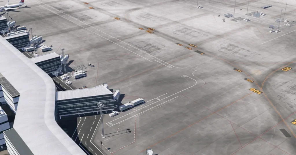 Pátio e gates do cenário Tokyo Haneda da Axonos para X-Plane 12