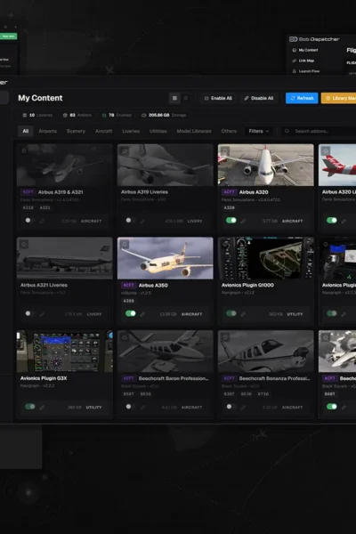 Interface do Bob Dispatcher para organização de addons no Microsoft Flight Simulator