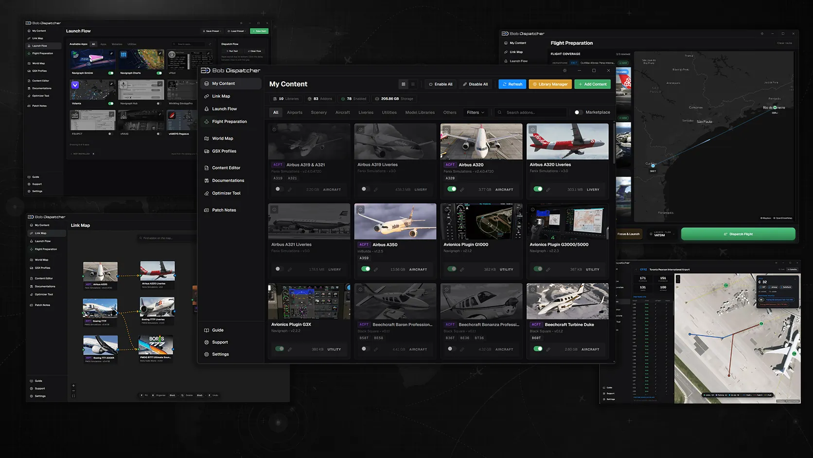 Interface do Bob Dispatcher para organização de addons no Microsoft Flight Simulator