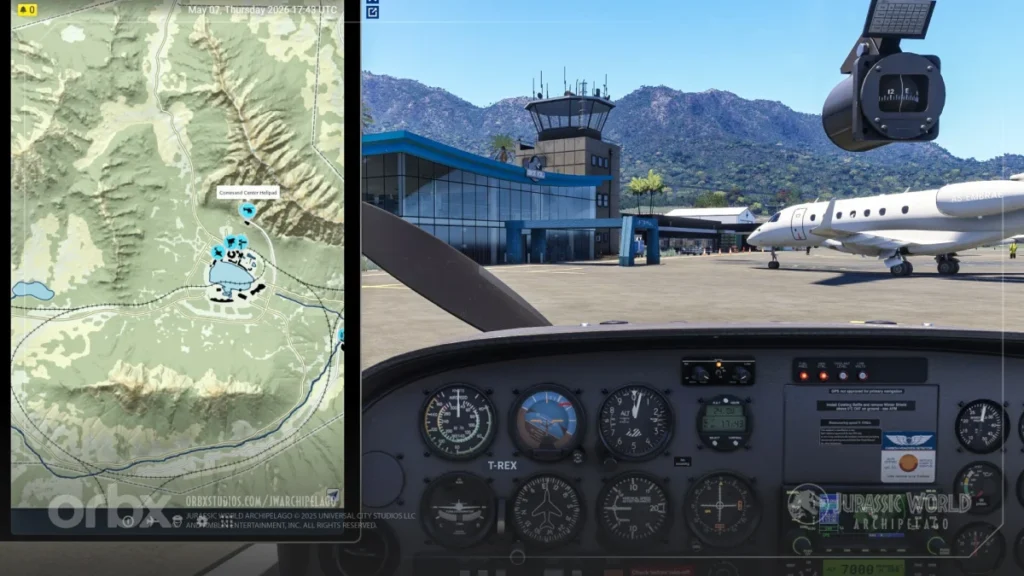 Comparativo do mapa EFB com cockpit em Jurassic World Archipelago