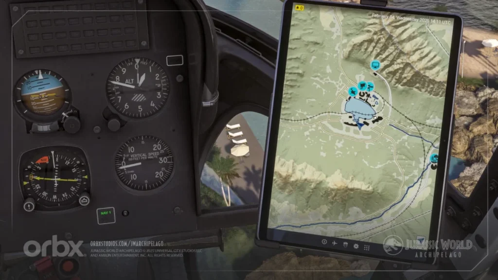 Tablet EFB com mapa do Jurassic World Archipelago no cockpit
