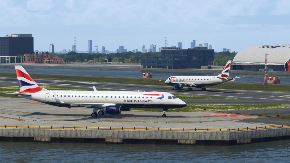 Detalhes do cenário London City Airport da iniBuilds para MSFS 2024.