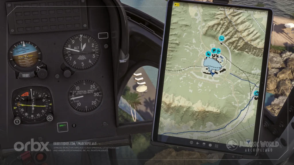 Jurassic World Archipelago EFB Map no cockpit do MSFS 2024