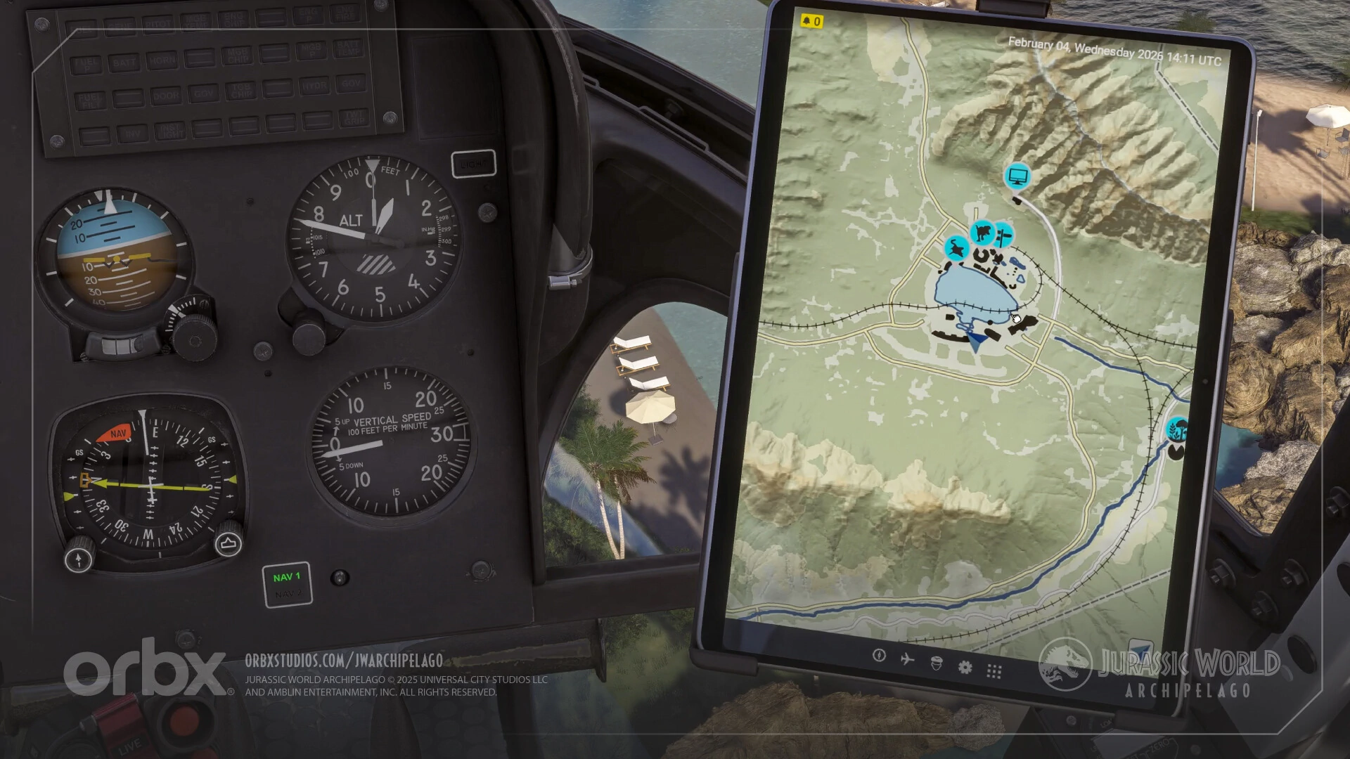 Jurassic World Archipelago EFB Map no cockpit do MSFS 2024