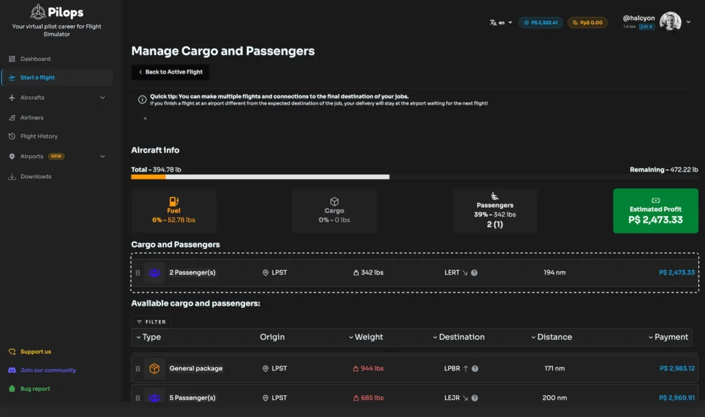 Tela de gerenciamento de carga e passageiros no Pilops