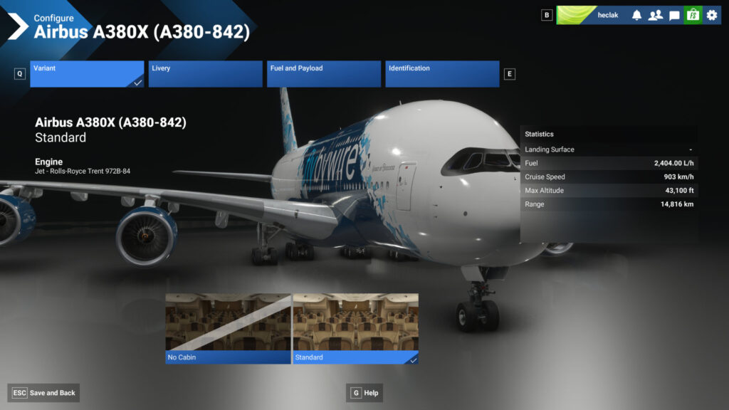 Seleção do Airbus A380X nativo no Microsoft Flight Simulator 2024