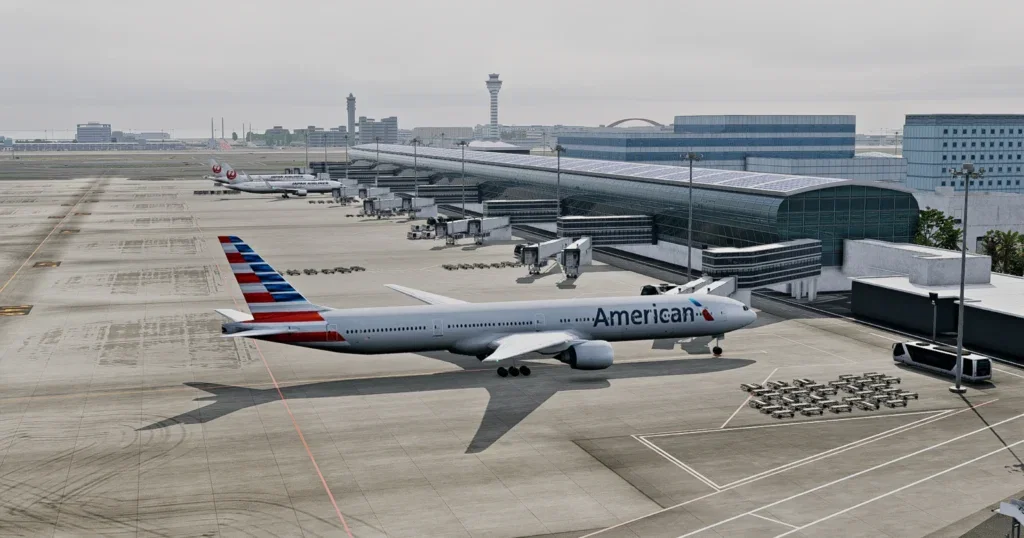 Aeronaves estacionadas nos gates de Tokyo Haneda no X-Plane 12