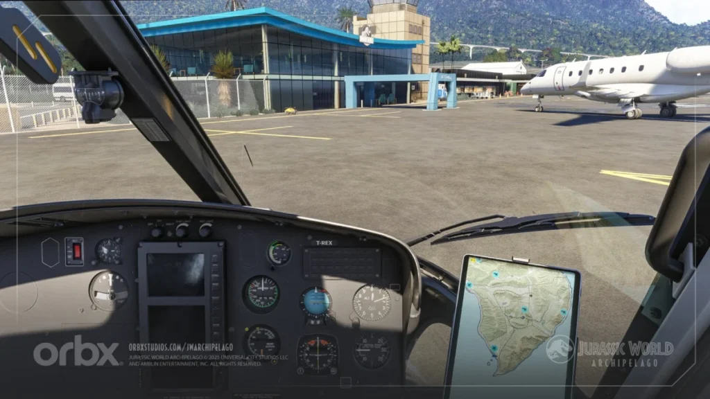 Jurassic World Archipelago no MSFS 2024 com mapa EFB da Orbx