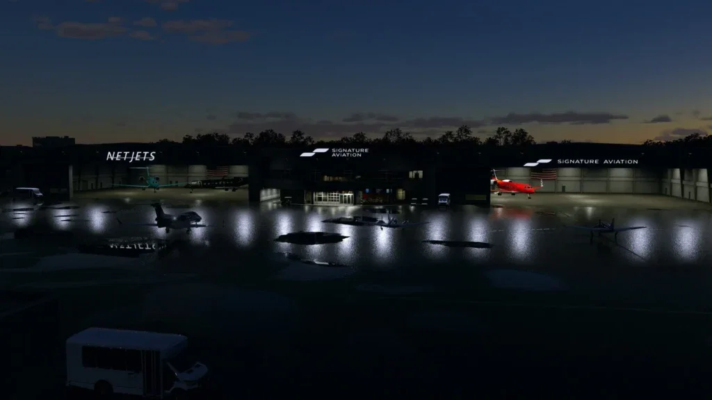 FBOs de Teterboro KTEB iluminados à noite no X-Plane 12